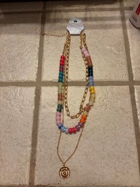 Multi-Color Beaded Layered Necklace with Gold Pendant